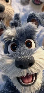 Cute animated dog with fluffy fur and big eyes in a cheerful background.