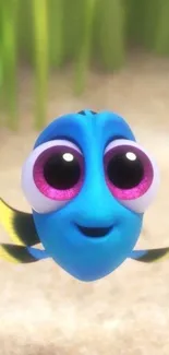 Cute animated blue fish with big eyes and happy expression on mobile wallpaper.