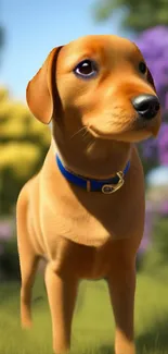 Adorable animated puppy standing in a colorful garden.