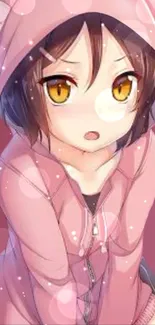 Cute anime character in a pink cat hoodie with a warm background.