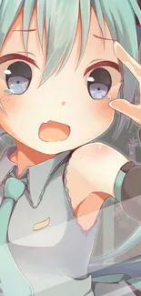 Cute anime wallpaper with teal-haired character looking surprised.