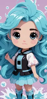 Anime style girl with blue hair and big eyes against a pastel background.