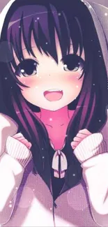 Anime girl in hoodie with pastel pink background.