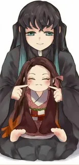 Adorable anime sisters in traditional clothing with a heartwarming pose.