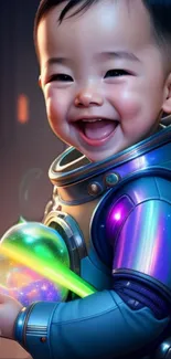 Smiling baby in a colorful astronaut suit with vibrant hues.