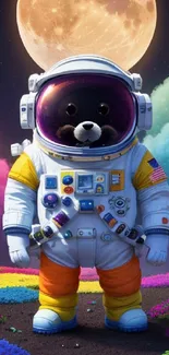 Cute astronaut bear under a glowing moon, surrounded by colorful landscapes.