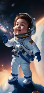 Cute baby astronaut standing on planet with cosmic backdrop.