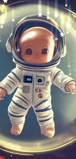 Adorable baby astronaut floating in space.