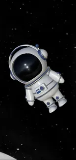 Cute astronaut floating in space, black background.