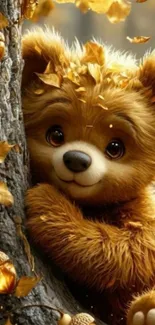 Adorable bear hugging a tree with autumn leaves.
