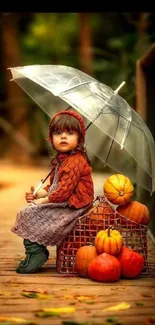 Child under umbrella with pumpkins in autumn setting, mobile wallpaper.