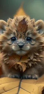 Adorable kitten with autumn leaves on a phone wallpaper.