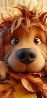 Adorable puppy surrounded by autumn leaves with a curious expression.