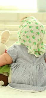 Adorable baby in a green scarf with a bunny toy.