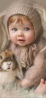 Adorable baby in bunny costume with a rabbit on beige background.