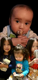 Adorable baby and children holding money with black background.