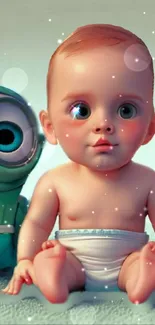 Adorable baby with a robot in whimsical digital art.