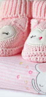 Adorable pink baby booties on stacked clothes, perfect for nursery decor.