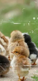 A group of baby chicks in a natural outdoor setting.