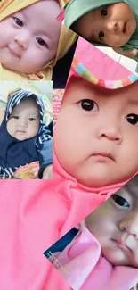 Collage of adorable baby faces in pink-themed wallpaper.