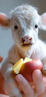 Adorable baby cow holding a fresh apple.