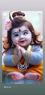 Adorable baby dressed as a deity with vibrant colors.