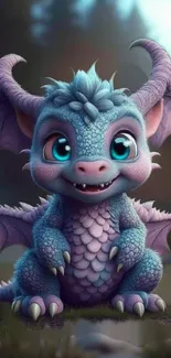 Adorable baby dragon with big eyes in blue and purple hues on a mobile wallpaper.