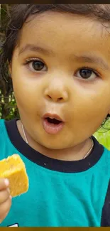 Adorable baby eating a snack in a teal shirt with curious expression.