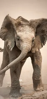 Adorable baby elephant in sandy landscape wallpaper.