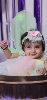 Adorable baby dressed as a fairy in a purple-themed background.