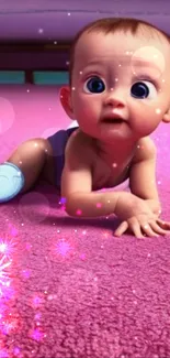 Adorable baby with sparkles on pink floor wallpaper.