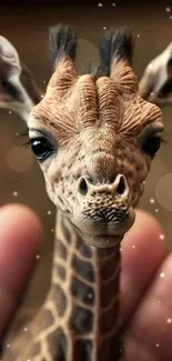 Close-up of a charming baby giraffe held gently in hands, perfect for mobile wallpaper.