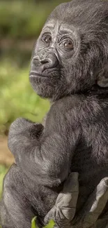 Adorable baby gorilla sitting on grass.