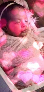 Adorable swaddled baby in a cozy box with pink heart glow.