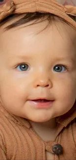 Adorable baby in a brown bear costume with bright blue eyes.