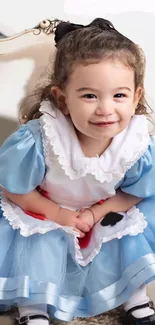 Cute baby in a blue dress sitting and smiling charmingly.