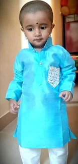 Adorable baby in a blue traditional outfit.