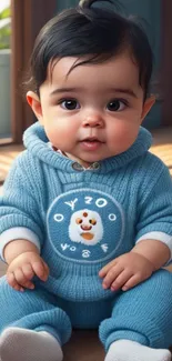 Adorable baby wearing a blue knitted outfit sitting on wooden floor.