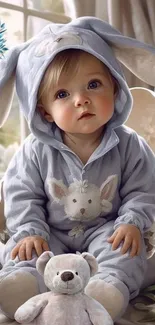 Adorable baby in a blue bunny suit with a teddy bear.