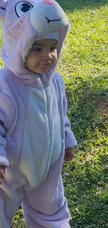 Cute baby wearing a pink bunny costume standing on grass.