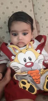 Adorable baby wearing vibrant cartoon-themed overalls on beige sofa.