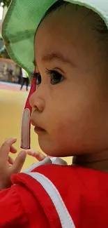 Charming baby with a colorful hat and red outfit outdoors.