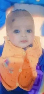 Adorable baby in orange vest on a colorful blanket.