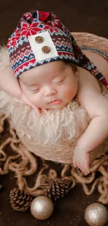 Adorable baby in basket with holiday decor.