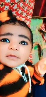 Cute baby in orange and black striped outfit, smiling at camera.