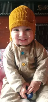 Adorable baby smiling in cozy, warm outfit with colorful background.