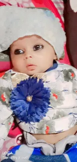 Cute baby in floral outfit with blue flower accent.