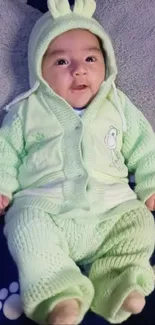 Baby in cozy mint green outfit smiling.