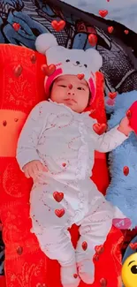 Adorable baby in cozy outfit on red cushion with plush toys.