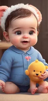 Adorable baby in blue outfit holding plush teddy.